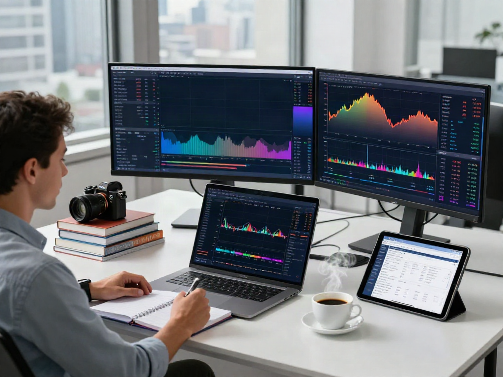 Financial analyst using TradingView in a modern office, analyzing charts and data.