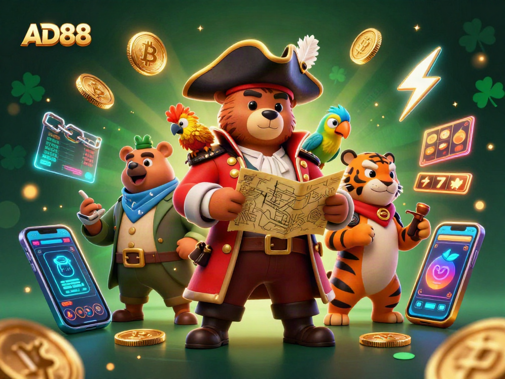 Experience AD88 with a vibrant 3D casino scene featuring playful characters and dynamic gaming elements.