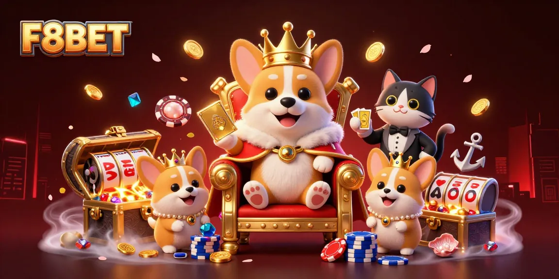 F8BET corgi king with poker throne and vibrant casino elements in a rich 3D illustration