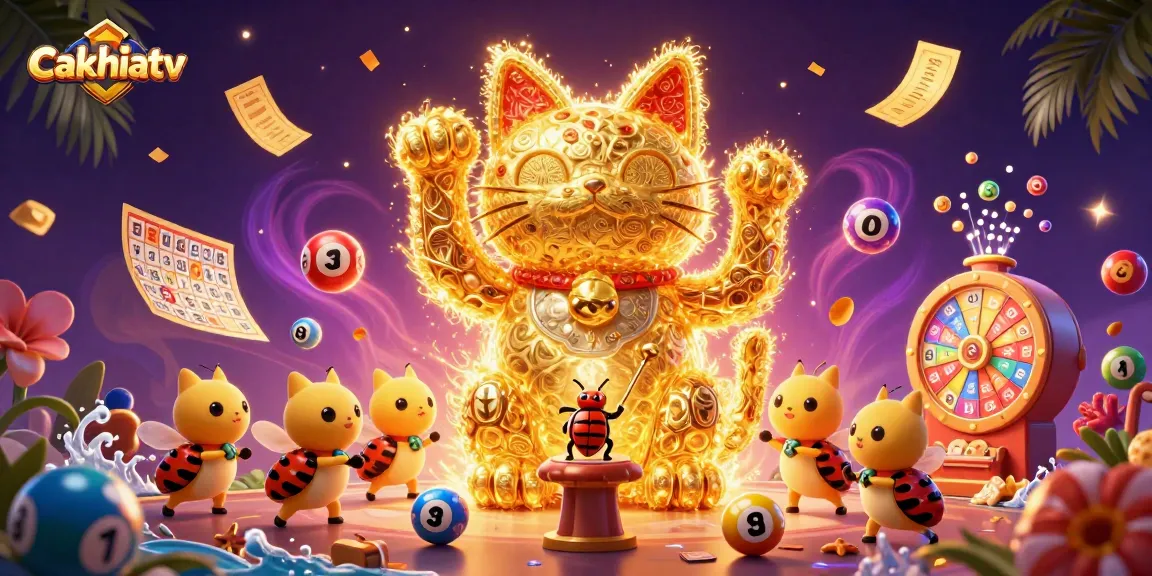 Cakhiatv features a dynamic 3D scene with a golden lucky cat and colorful lottery elements, embodying casino excitement.