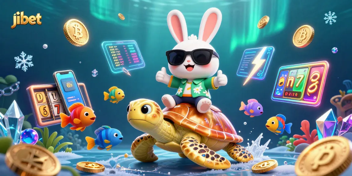 Play games at jibet with a cartoon rabbit cheering while riding a turtle, surrounded by vibrant crypto elements.