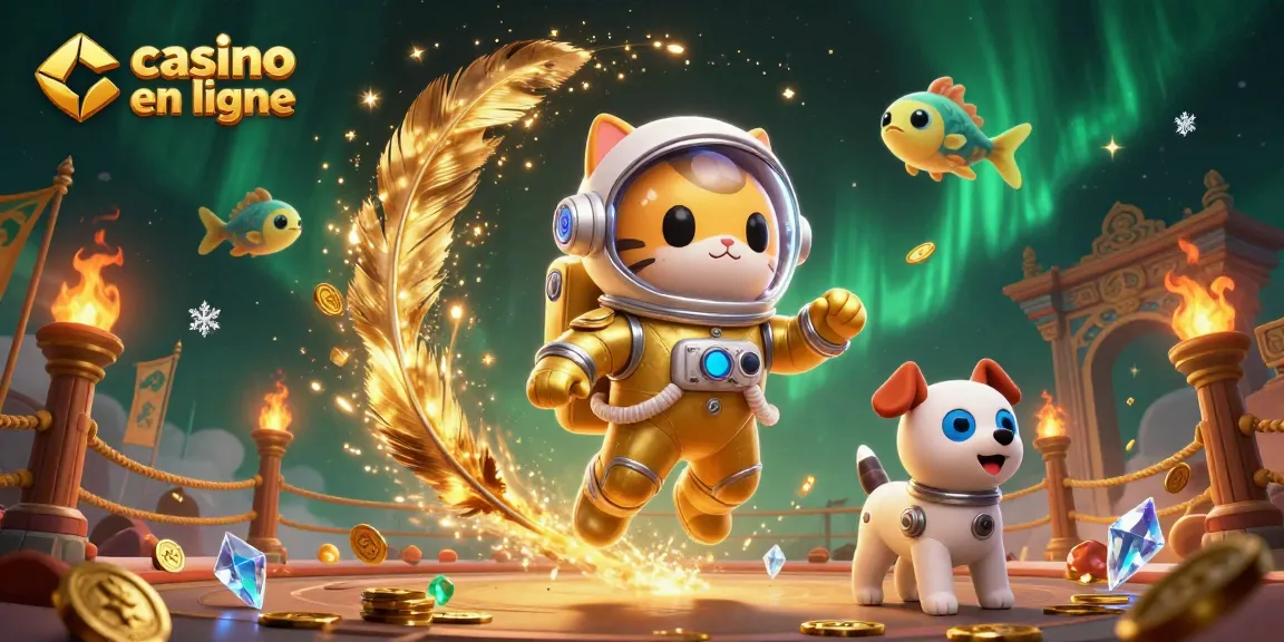 Illustration 3D de casino en ligne avec un chat astronaute et un chien robot, entourés d'effets de jeu