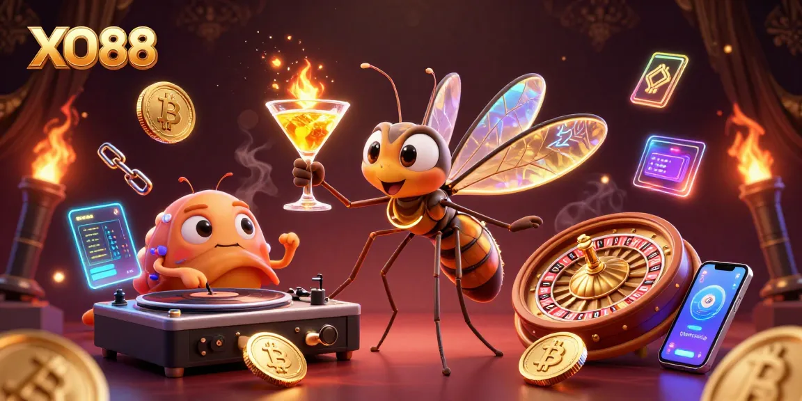 Engage with XO88’s vibrant casino scene featuring a unique mascot and crypto elements.