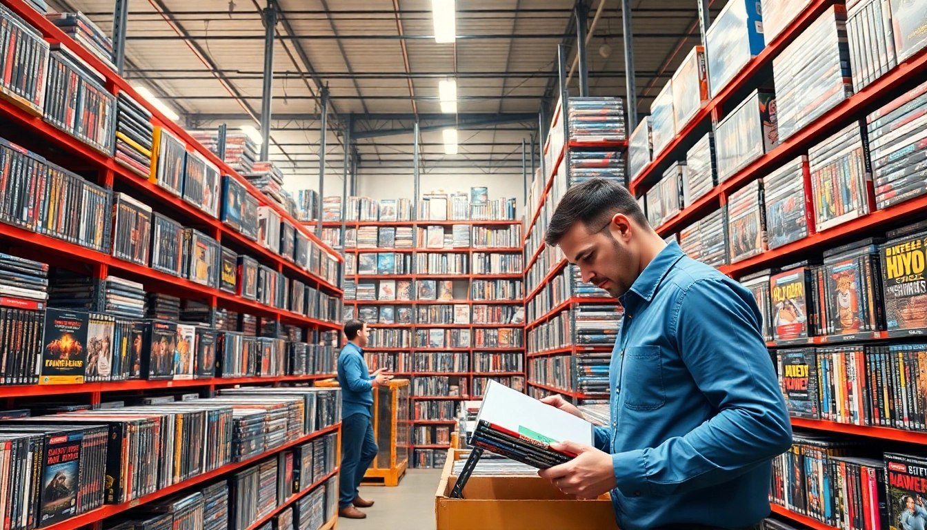 Showcasing a dvd distributor's vibrant inventory in a modern warehouse environment.