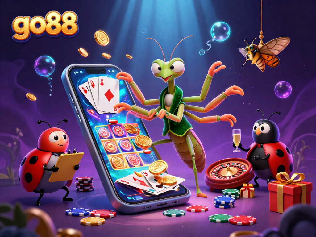 Experience go88's vibrant world with a praying mantis dealer and ladybug pit boss amid explosive slot games.
