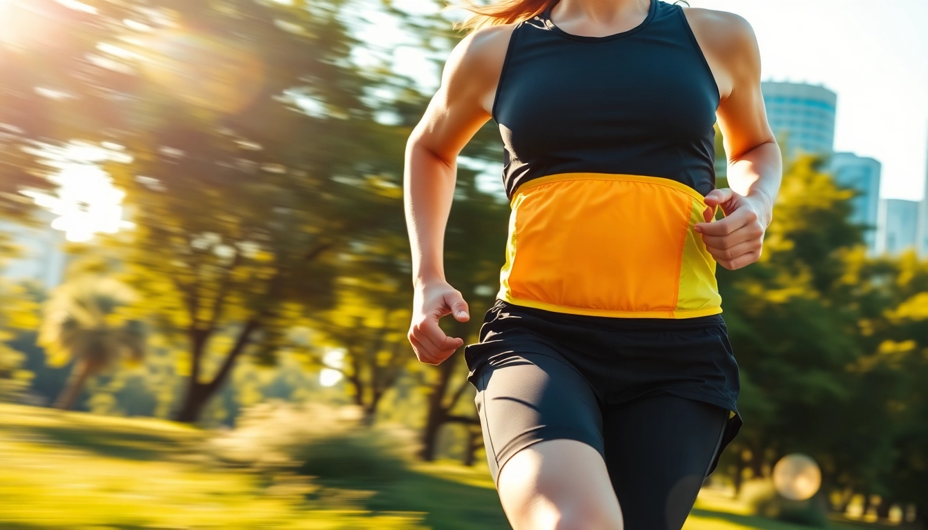Runner showcasing stylish running belts in an energetic outdoor environment.