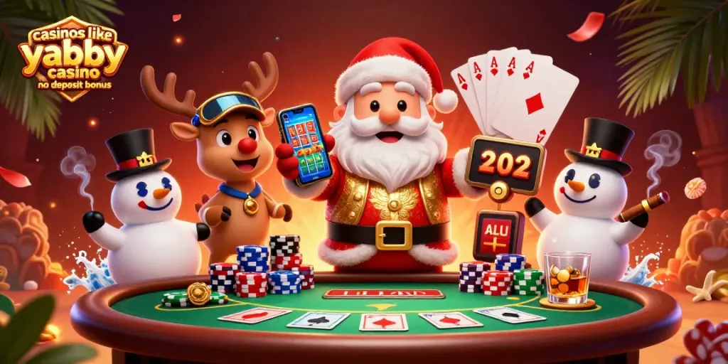 Play at casinos like yabby casino no deposit bonus in a vibrant 3D casino illustration with festive characters.