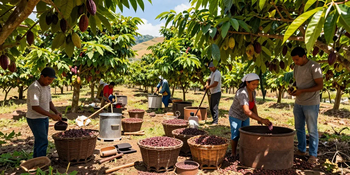 Cacao farmers harvesting ripe cacao pods on a sunny farm using traditional tools, showcasing m98 production process.