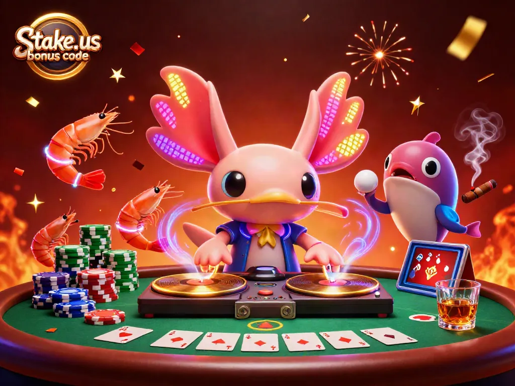 Experience the excitement of stake.us bonus code offers with vibrant casino-themed characters and elements.