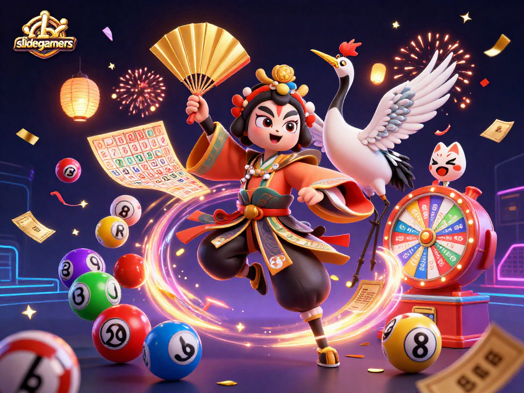 Engage in thrilling games at slidegamers with a 3D kabuki warrior and vibrant lottery elements.