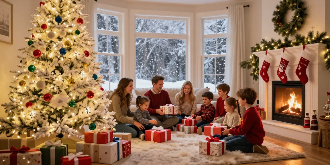 Family enjoying a cozy holiday with a white colorful Christmas tree glowing beautifully in their living room.