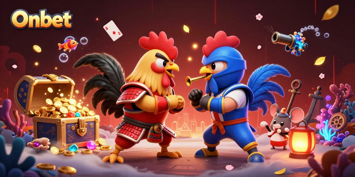 Engage with Onbet’s thrilling action featuring fighting roosters in a dramatic scene surrounded by gaming elements.