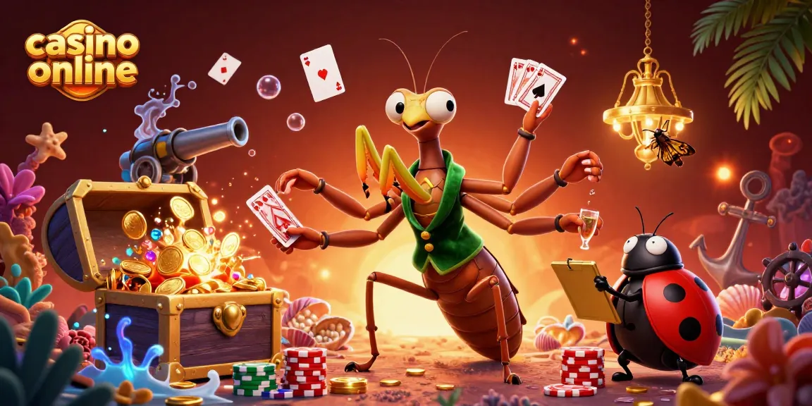 Vivace scena di un mantide gigante che gestisce un tavolo da casinò online.