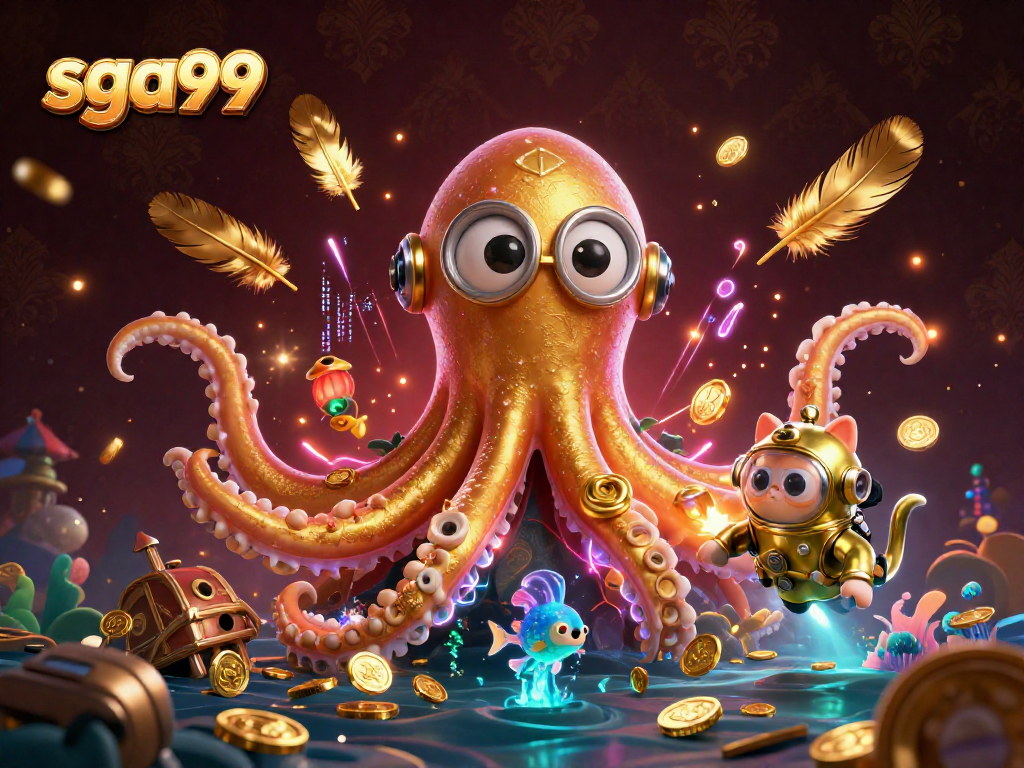 Experience the thrill of gambling with sga99 in a treasure-filled ocean featuring a kraken and diving cat.