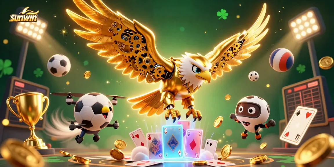 Experience the excitement of sunwin with a dynamic illustration featuring a golden eagle amidst gaming elements.