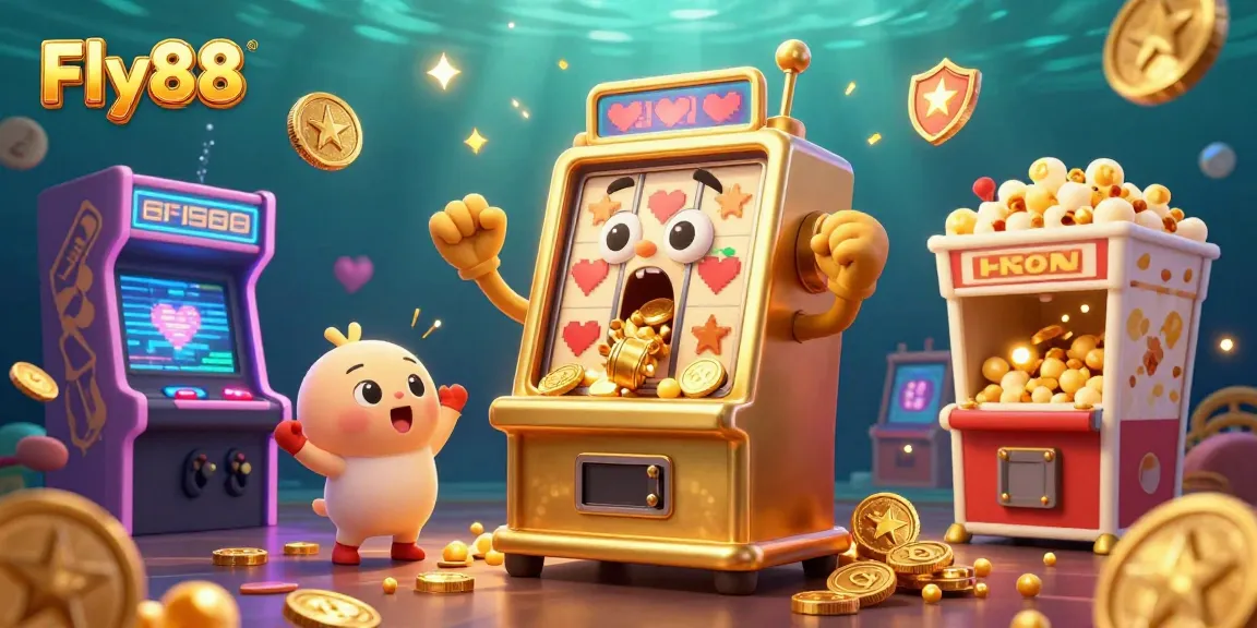 Experience the thrill at Fly88 with this engaging scene featuring a golden slot machine winning big and celebrating with friends, capturing the excitement of gaming.