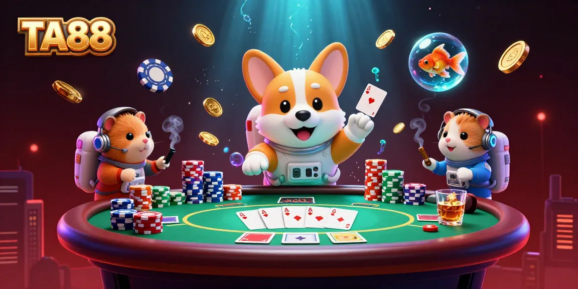 Experience the excitement of TA88 in a vibrant space casino scene, featuring a floating corgi and dynamic poker elements.