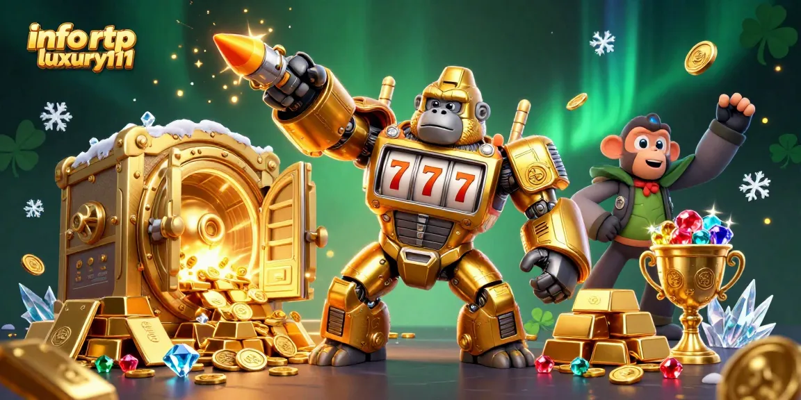 Experience excitement with info rtp luxury111 in a vibrant 3D casino illustration featuring dynamic slot elements.