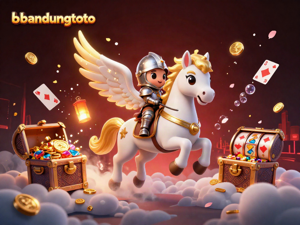 Join the exhilarating experience of bandungtoto with a knight on a celestial horse amidst treasure and exciting gaming elements.