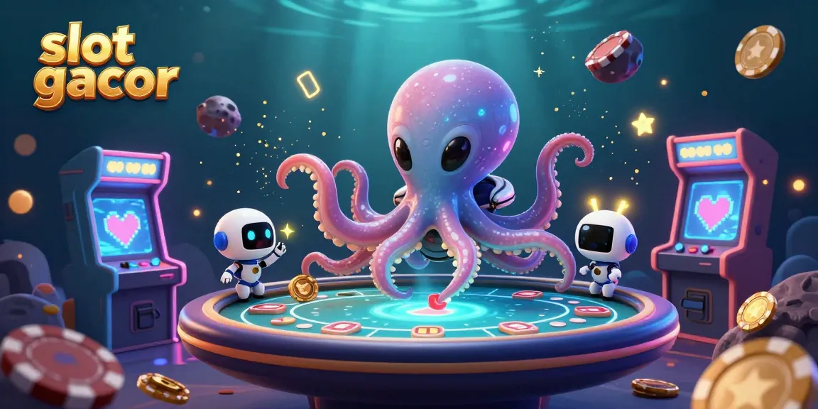 Engaging scene of the slot gacor alien octopus and robot playing poker with vibrant game elements.