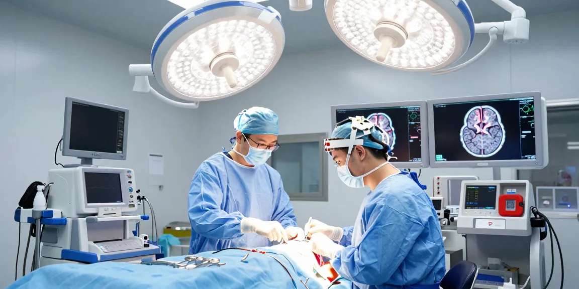Brain surgery in progress with a neurosurgeon and team focused on the patient, showcasing advanced surgical equipment and real-time imaging - Beyin ameliyatı.