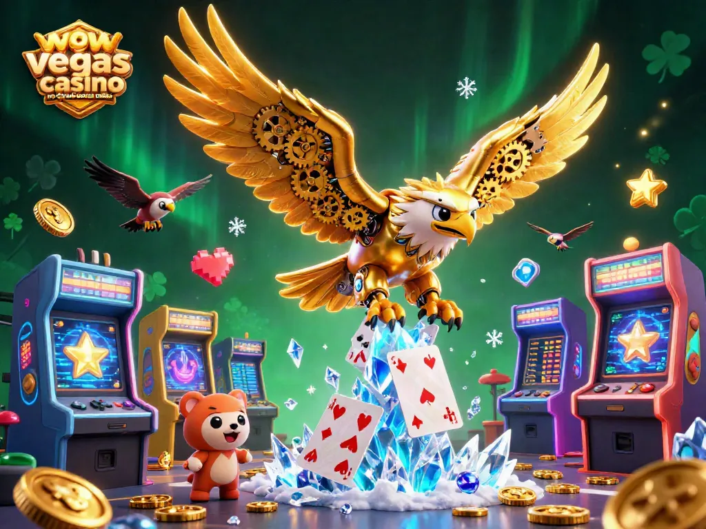 Engage with WOW Vegas casino no deposit bonus codes in a vibrant 3D casino illustration full of game elements.