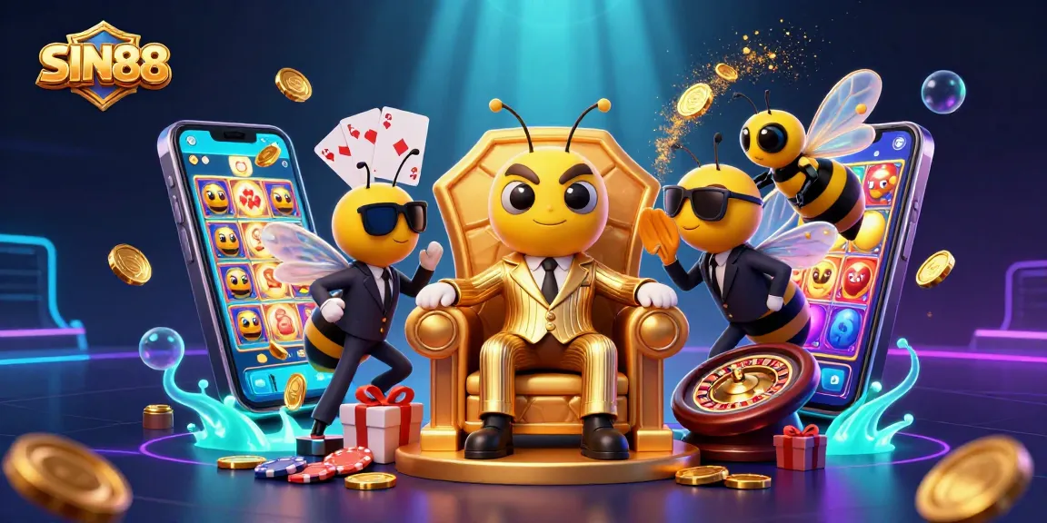 SIN88 buzzes into action with a lively casino scene, complete with vibrant slots and energetic characters.