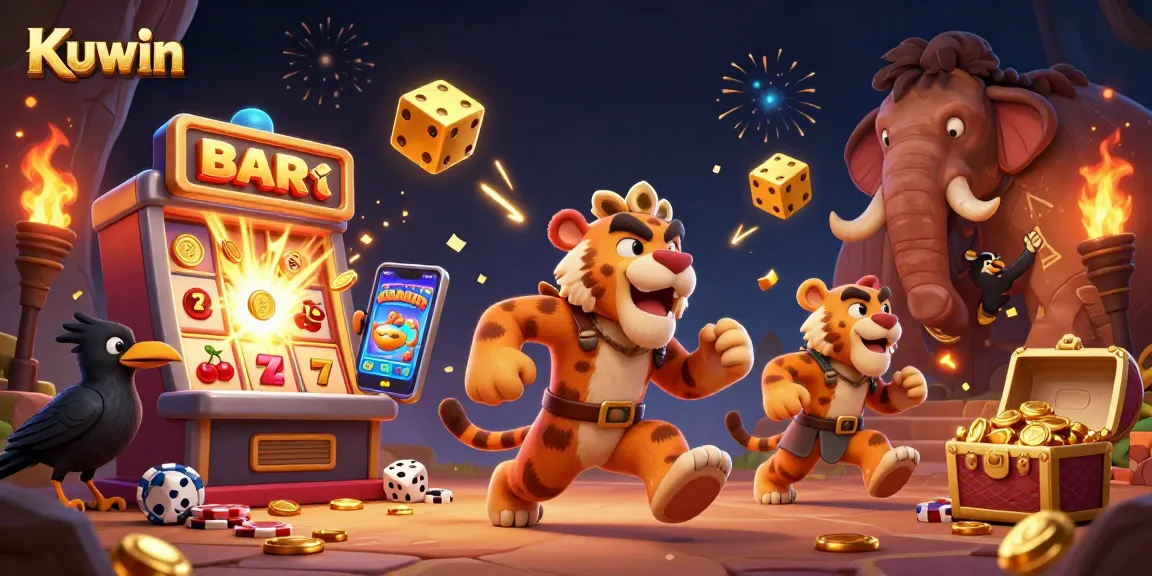 Kuwin showcases a thrilling 3D casino scene with characters and game elements exploding with excitement and energy.