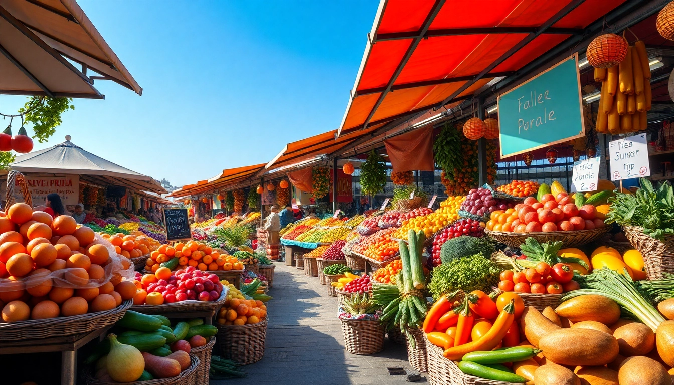 Showcase of fresh food varieties in a lively market setting, emphasizing Food choices.