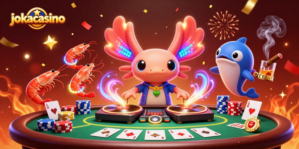Engage with jokacasino vibes as a neon axolotl DJ spins poker excitement!