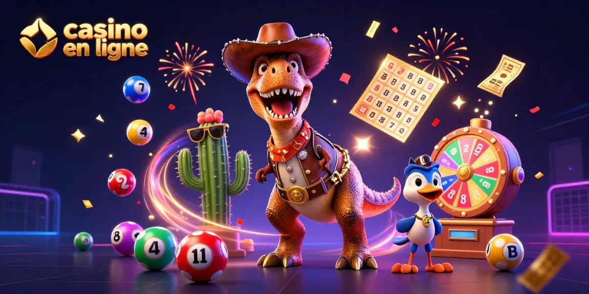 Découvrez les jeux au casino en ligne avec un T-Rex, un cactus et un oiseau joyeux dans une ambiance festive.