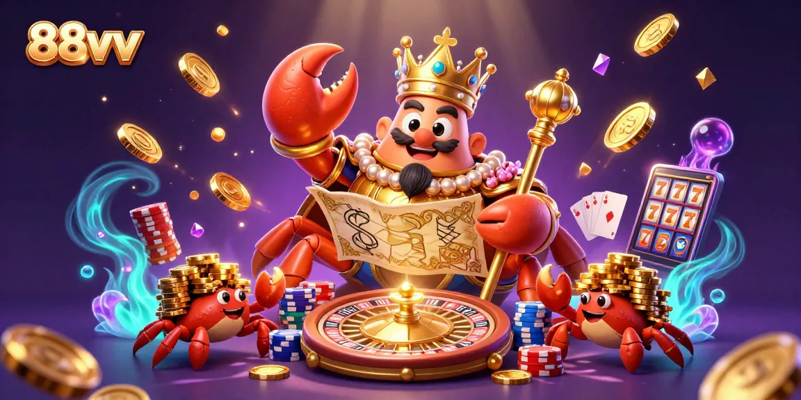 Experience thrilling action at 88vv with a golden crab emperor ruling a vibrant casino scene.