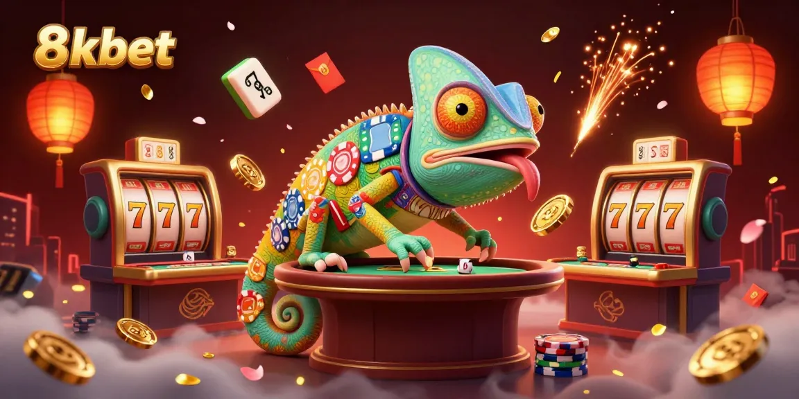 Experience the vibrant world of 8kbet with a colorful chameleon casino owner in a dynamic gaming scene.