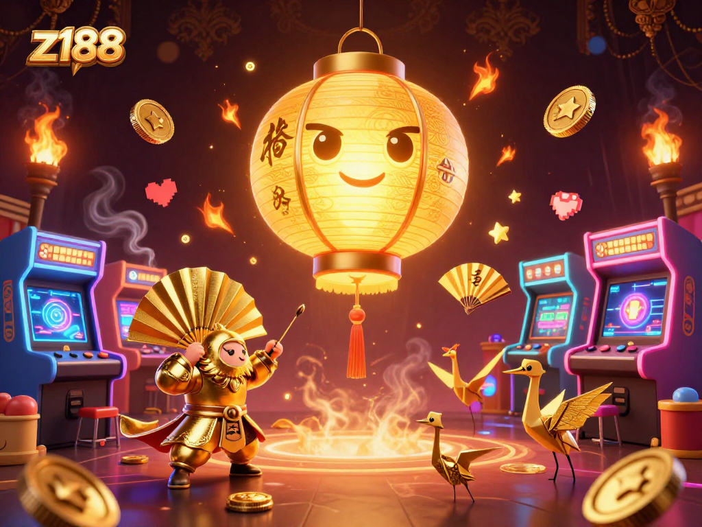 Experience winning with z188 as golden lantern spirits and arcade games illuminate the casino.