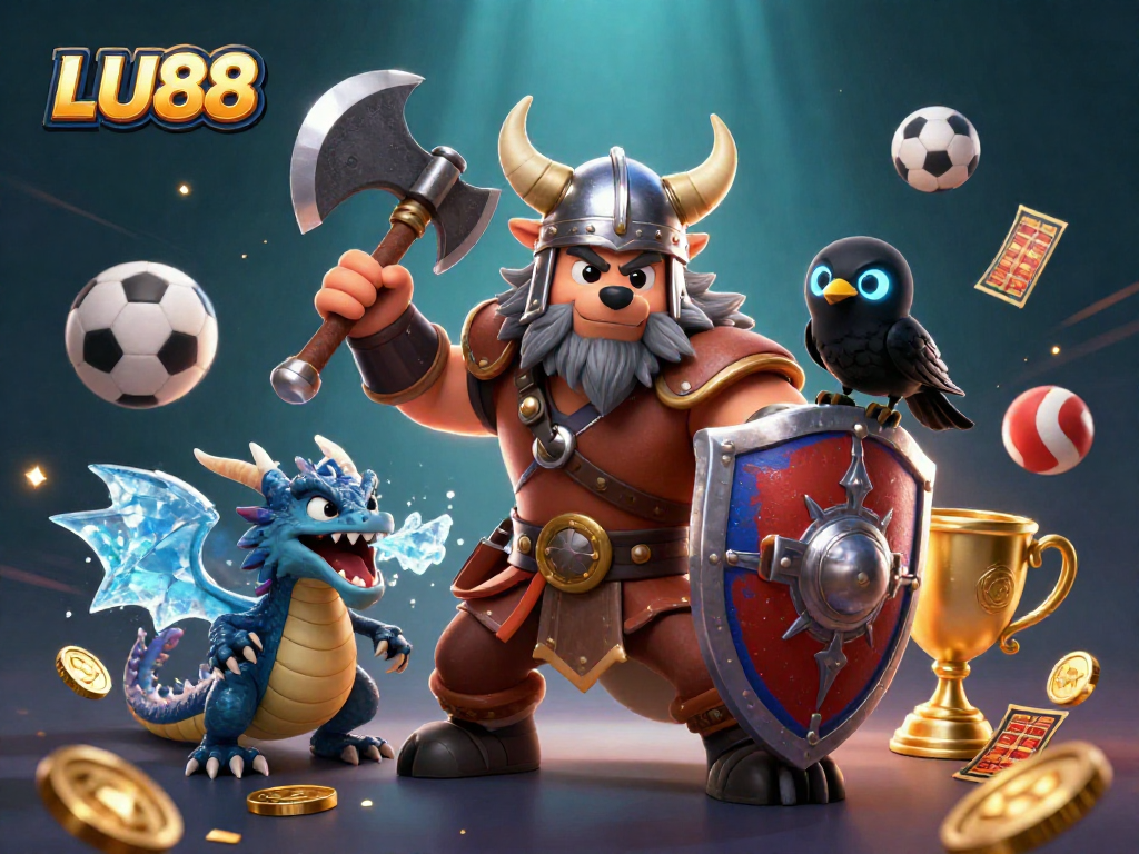 LU88 presents thrilling action in a vibrant 3D illustration of diverse sports elements and characters.