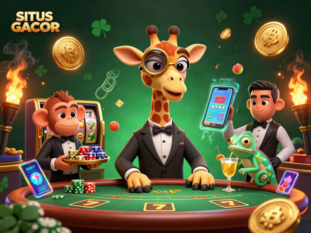 Engage with SITUS GACOR, explore vibrant casino dynamics featuring a high-roller giraffe and colorful slot symbols.