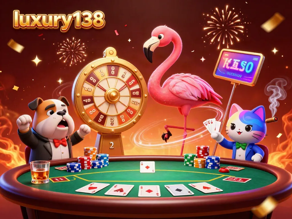 Engaging game show scene featuring luxury138 with a flamingo host, bulldog contestant, and poker elements.
