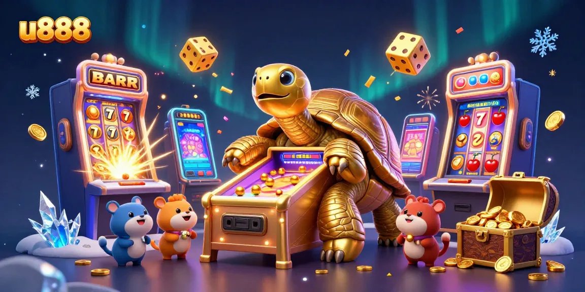 Win big with u888 in this vibrant 3D casino illustration showcasing exciting slot games and dynamic action.