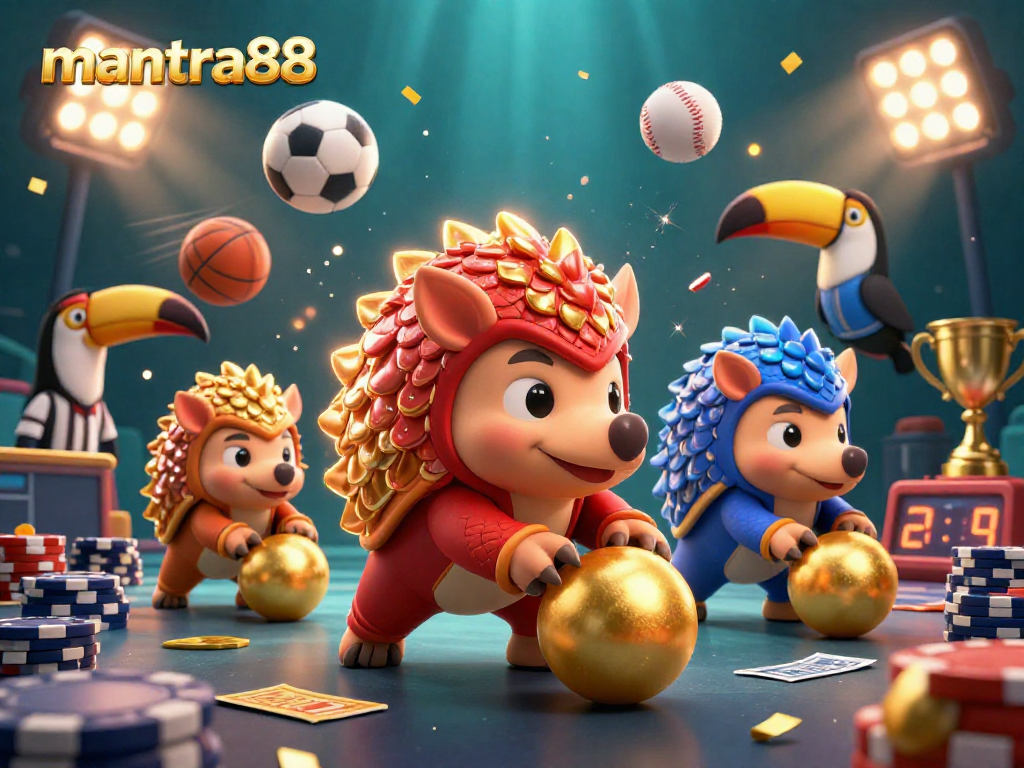 Engage in competitive gaming action with mantra88, featuring vibrant pangolins and dynamic poker chips.
