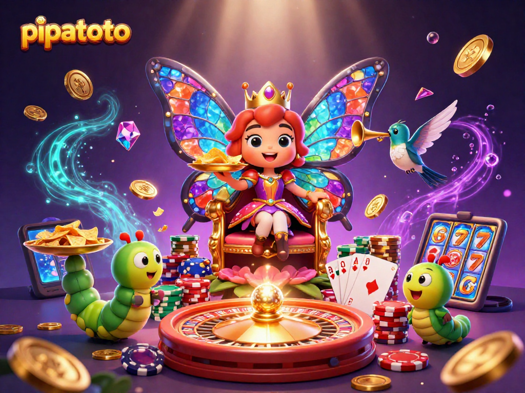 Experience excitement at pipatoto with a vibrant scene featuring the butterfly queen amidst cascading coins and a spinning roulette wheel.