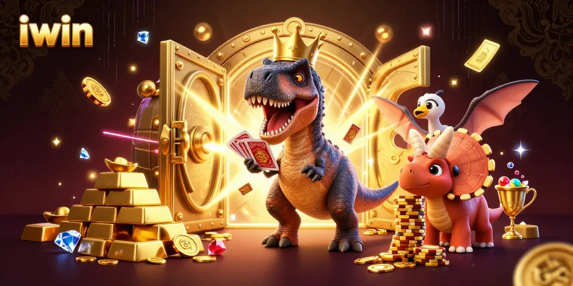 iwin T-Rex playing cards in a dazzling 3D casino scene with treasure and jewels.