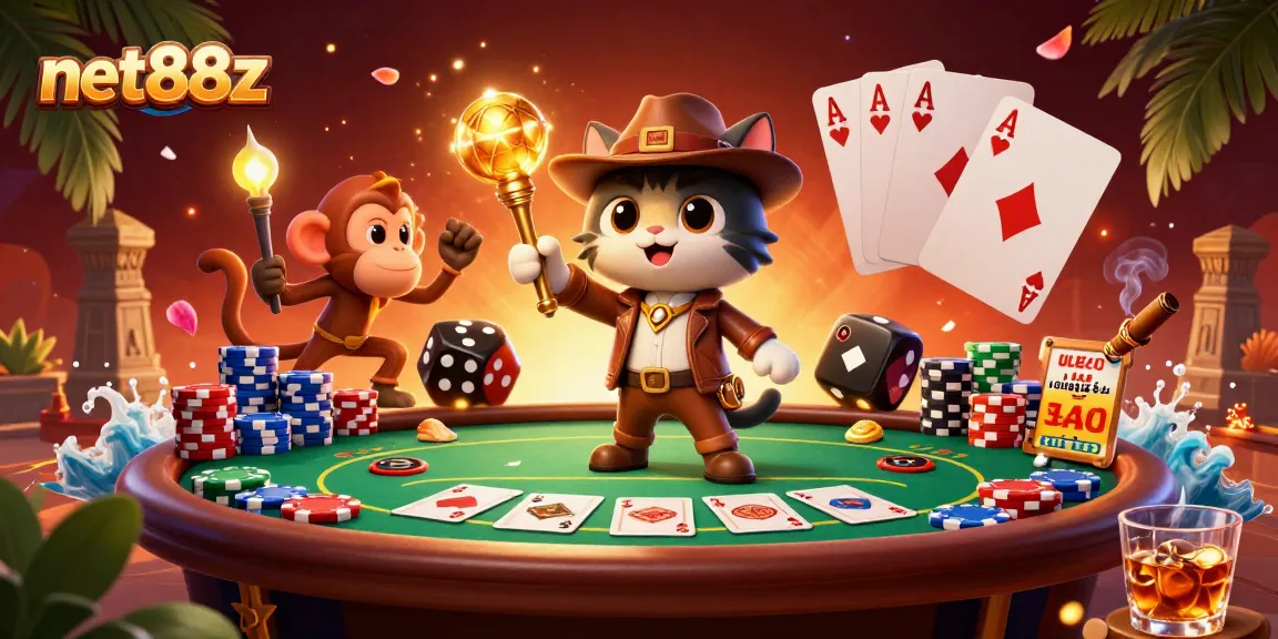 Experience the thrill of net88z as the explorer cat uncovers casino treasures amidst vibrant gaming elements.