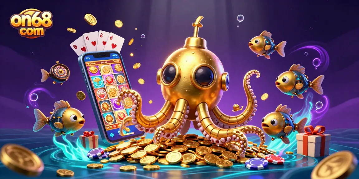 Experience vibrant gaming action at on68 com with a golden kraken submarine amidst golden coins.