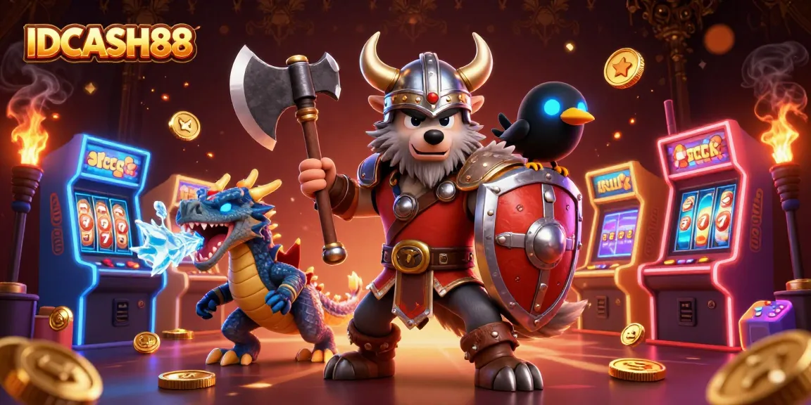 Experience thrilling gameplay at IDCASH88 with a Viking warrior and dragon in this dynamic casino scene.