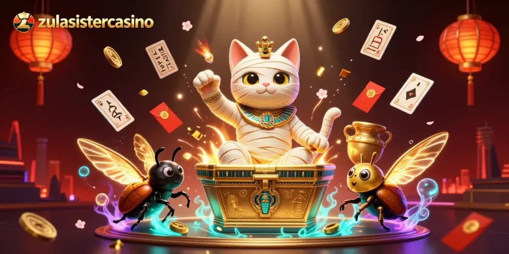 Experience exciting gameplay at zulasistercasino with a dynamic mummy cat and glowing scarab elements.