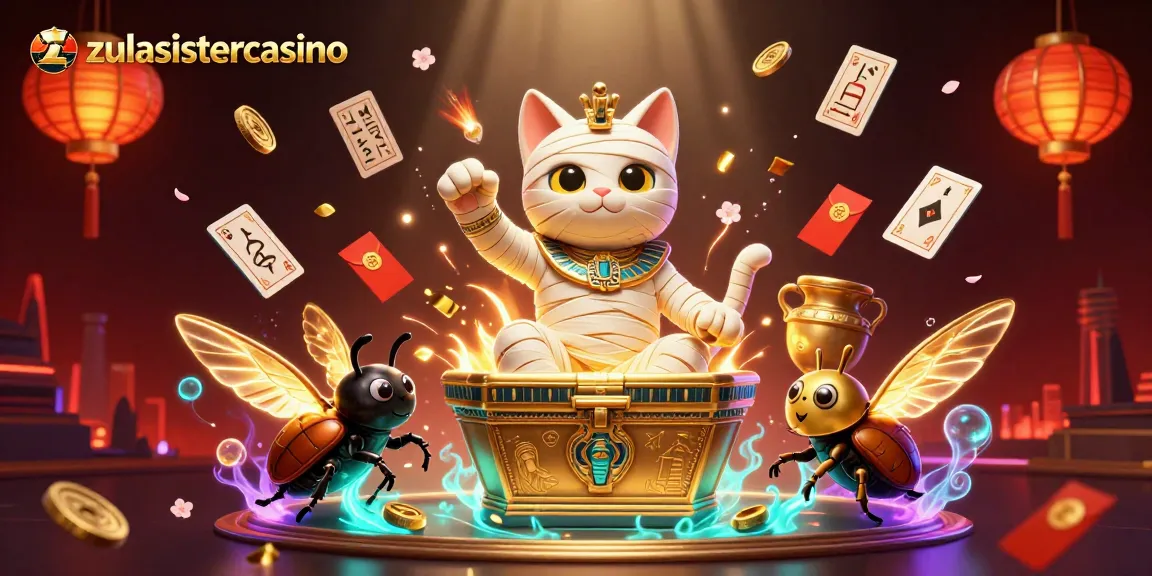 Experience exciting gameplay at zulasistercasino with a dynamic mummy cat and glowing scarab elements.