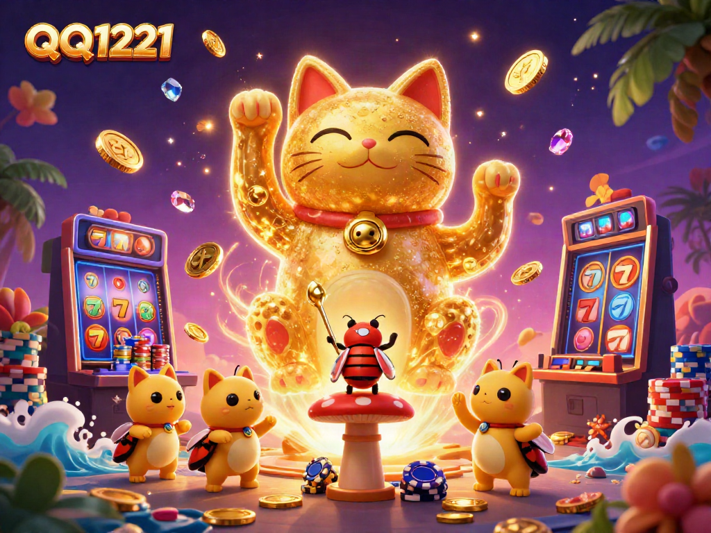 Engage in QQ1221 gambling with vibrant visuals of a lucky cat, coins, and slot symbols.