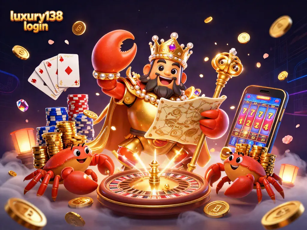 Mengakses luxury138 login untuk permainan kasino online menampilkan kaisar kepiting emas dengan harta berkilau.