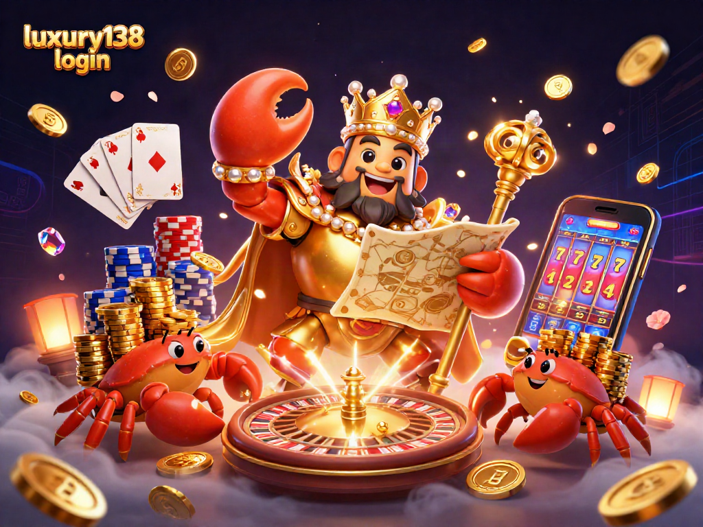Mengakses luxury138 login untuk permainan kasino online menampilkan kaisar kepiting emas dengan harta berkilau.
