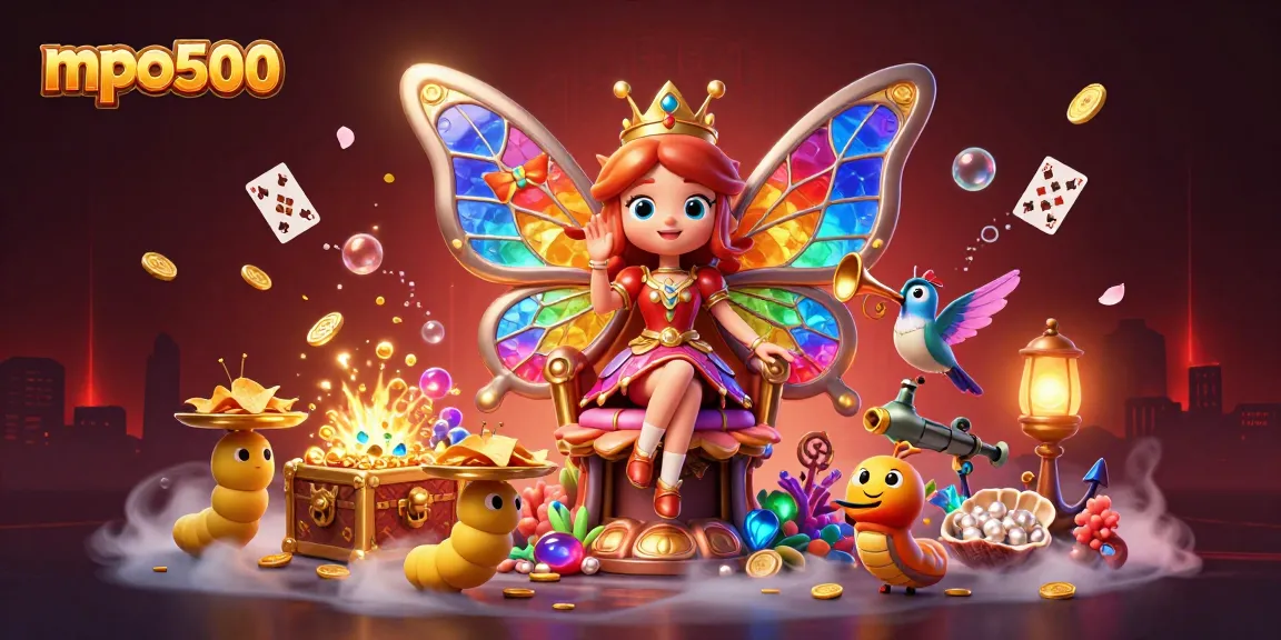 Experience unique gaming thrills with mpo500's vibrant 3D fantasy casino illustration featuring a butterfly queen and treasures.